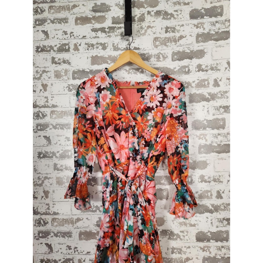 Tahari Arthur S. Levine Faux Wrap Dress Size 8 Red Pink Floral Belted 3/4 Sleeve - Picture 4 of 16